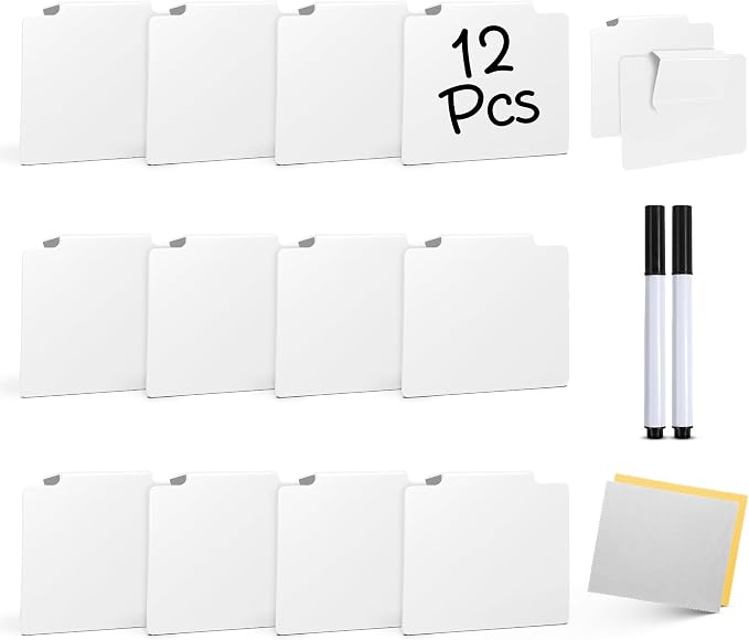 12 Pcs Basket Labels Clip on for Pantry Organization and Storage bin Labels with 2 Markers and 2 Wipe Cloths Reusable Chalk Basket Labels -White Bin Labels Clip on Chalkboard Basket Tags