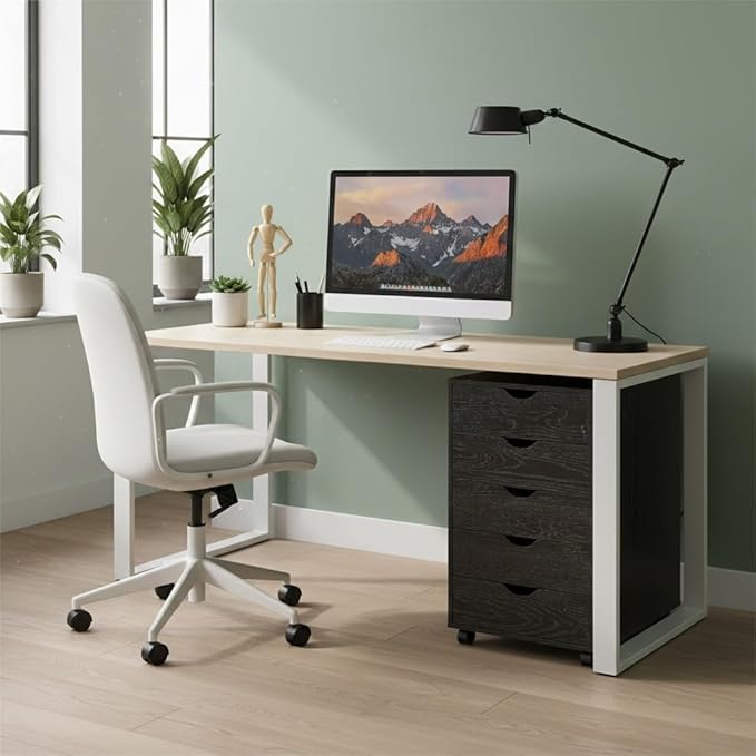 Naomi Home 5 Drawer Office Storage File Cabinet Under Desk Cabinets for Organization Filing with Wheels, Printer Stand Storage, 180 lbs Capacity, Distressed Black