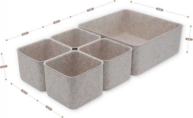 Welaxy Desk Drawer Organizers Storage bins Set Home Office Pen holder phone stand Remote controller Closet Cabinet boxes decluttering 5-piece gifts idea (Oatmeal)