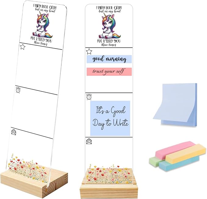 Sticky Note Holder, Monitor Memo Board, Acrylic Post It Note Holder with Wooden Base, Includes 200 Notes, Desk Organizer, Funny Unicorn Quote “I May Look Calm”