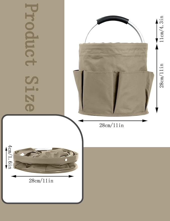 Cleaning Caddy with Handle, Cleaning Products Organiser, Foldable Storage Basket, Large Supply Organiser 17L with 6 Pockets, Portable Cleaning Caddy for Home & Garden (Khaki)