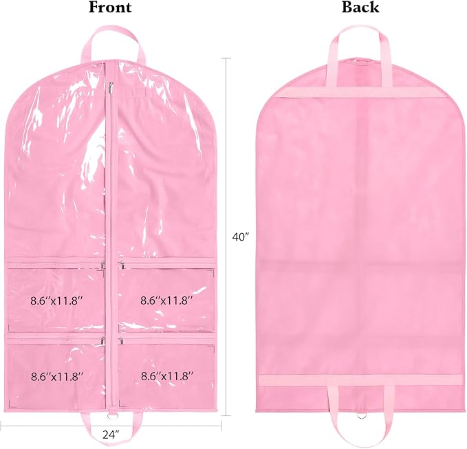 KEEGH 40 inch Clear Garment Bags for Dance Costumes, 6 Pack, Pink | 4 Zipper Pockets, for Dance Competitions, Ballet, Theatre, Dance Garment Bags for Dancers, Hanging Clothes for Closet Storage