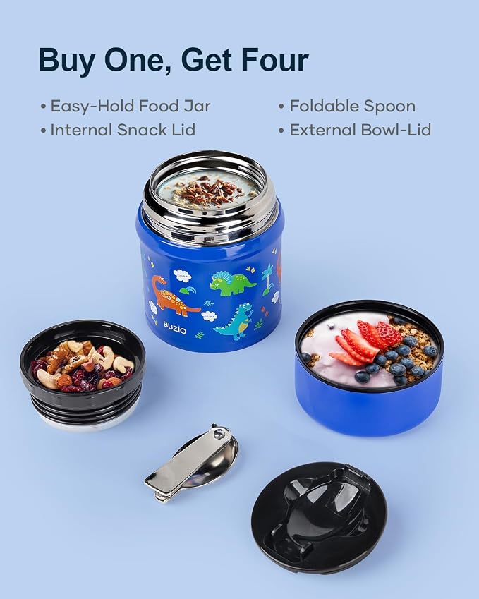BUZIO Insulated Food Container for Kids Adult, 10oz Stainless Steel Vacuum Insulated Kids Food Jar with Folding Spoon, Leak Proof, Vacuum Insulated food jar, Portable Food Bowl, Blue Dinosaur