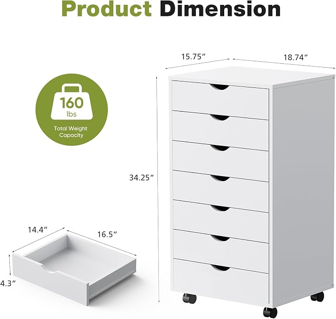 Sweetcrispy 7 Drawer Rolling Storage Cabinet, Wood Under Desk Mobile Dresser with Wheels, Small Organizer Chest for Home Office, Bedroom, Rolling Vertical Organizer for Home Office, White