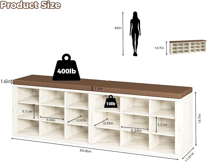 ITEFDTUTNE Shoe Rack Bench, 18 Cubbies Shoe Storage Bench with Cushion, 59" | Entryway Bench with Shoe Storage, Widened Organizer Cabinet for Entryway Hallway Bedroom Living Room, Holds Up to 400lbs