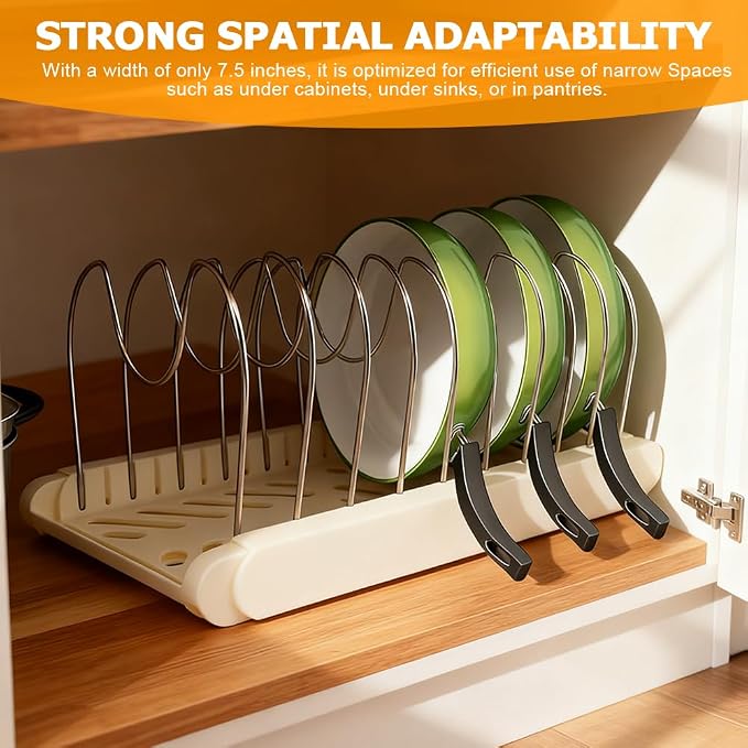 Pot and Pan Organizer for under cabinet, Expandable Pan Organizer for Cabinet, Pot Lid Holder with 10 Adjustable Compartments for Kitchen Cabinet Cookware Baking Frying Rack(White)