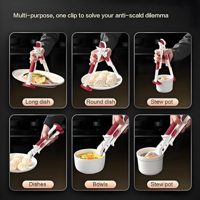 Dual-Jaw Heat-Resistant Kitchen Gripper - Anti-Scalding Clip Silicone Tongs for Hot Dish Plates, Bowls & Steamers | Non-Slip Handle with Compact Storage (1Pack 9.5” Kitchen Tool)