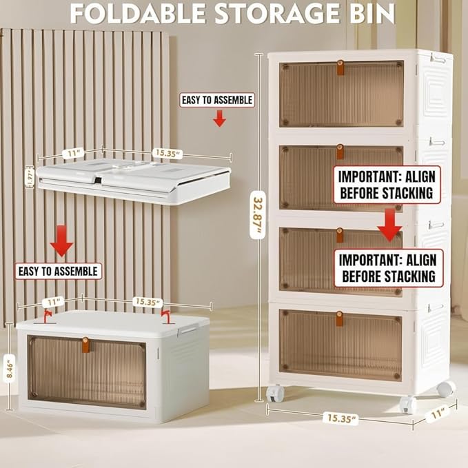 YFXCVSL 4 Tier Plastic Storage Bins with Lid 24QT, Stackable Storage Containers with Wheels, Folding Storage Boxes, Collapsible Storage Bins, Closet Organizers and Storage for Living Room,Office,Dorm