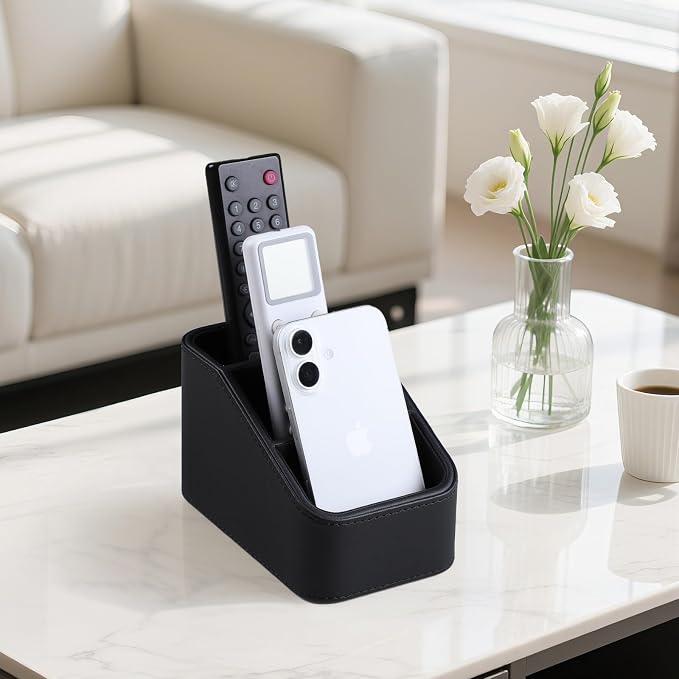 3 Compartments PU Leather Remote Control Holder, TV Remote Holder for Couch | Small Pen Desk Organizer for Office Bedside Living Room, Remote Caddy Nightstand Organizer