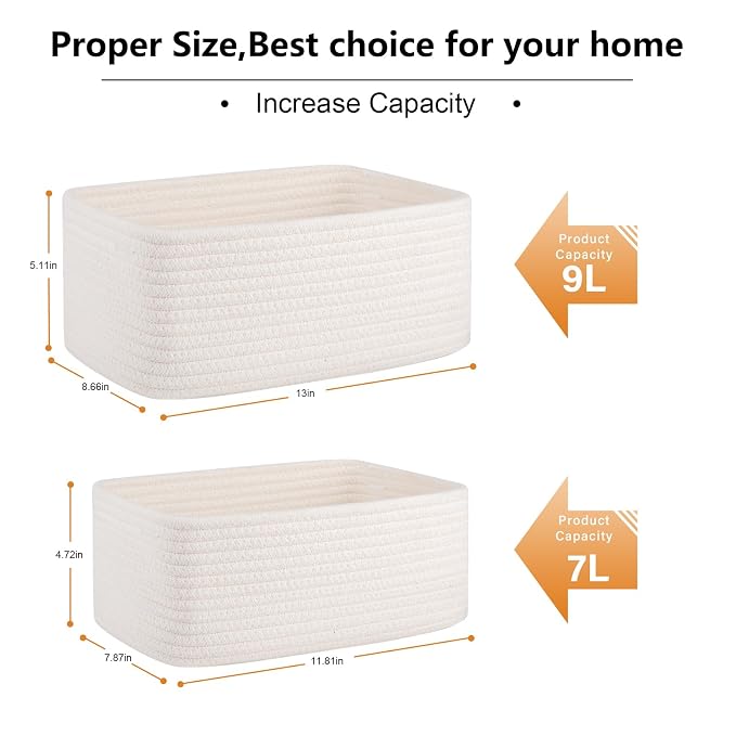 OIASKET 4 Pack Small Storage Shelf Baskets for Organizing, Mini Woven Rope Storage Bins for Towels, Cute Decorative Closet Organizer，Baby Nursery, Gift Empty Baskets -13''Lx8.66''Wx5.11''H-White