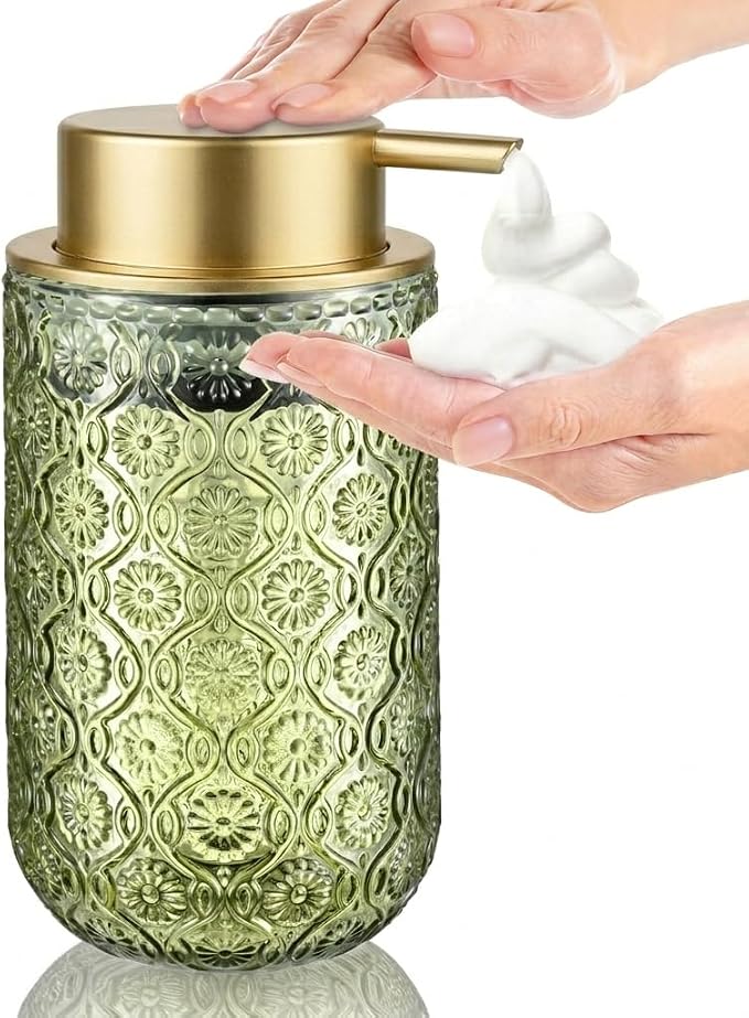 Green and Gold Glass Foaming Hand Soap Dispenser | Matte Gold Pump Embossed Glass Bottle Refillable Bathroom Kitchen Decor 13.5 oz