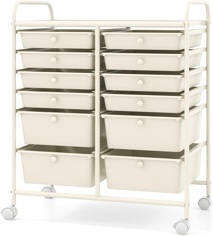 Moccha 12-Drawer Rolling Storage Cart - Utility Cart on Wheels with Lockable Casters for Craft Art Supply Paper Salon, Mobile Drawer Carts for Classroom Teacher School Office (White)