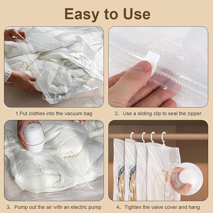 Flintronic Hanging Vacuum Storage Bags, 4pcs 135x70cm Vacuum Compression Zipper Storage Bags, Space Saver for Clothes, Suits, Dresses, Coats or Jackets