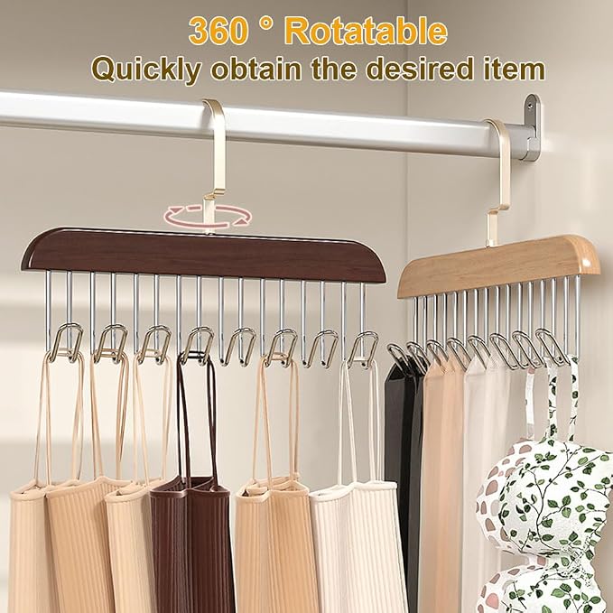 Belt Hanger 3 Pack with 24 Hooks, Sturdy Wooden Non-Slip Belt Holder, Space Saving Closet Organizer, Rotating Display Rack for Bra, Hat, Tank Tops