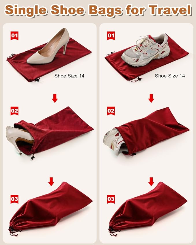 4 Pcs Single Shoe Bags for Travel, Dust Velvet Bag, Rio Red, 17.3x8.6 Inch | Washable & Reusable Travel Shoe Bags, Dustproof Shoe Bags with Drawstring Closure, Suitable for Travel, Home Storage