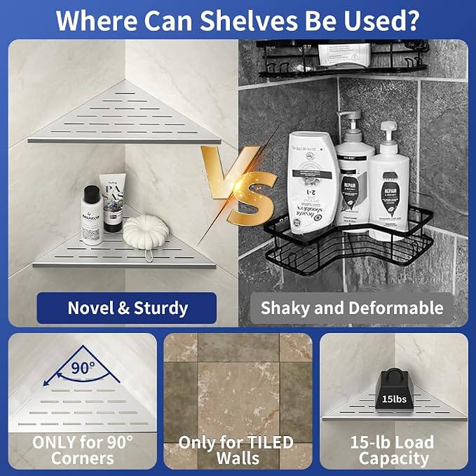 Corner Shower Shelf, 12" Brushed 304 Stainless Steel Slot Design Recessed Corner Shelves 2 Pack Bathroom Grout in Shelf for Tiled Wall, Large Size