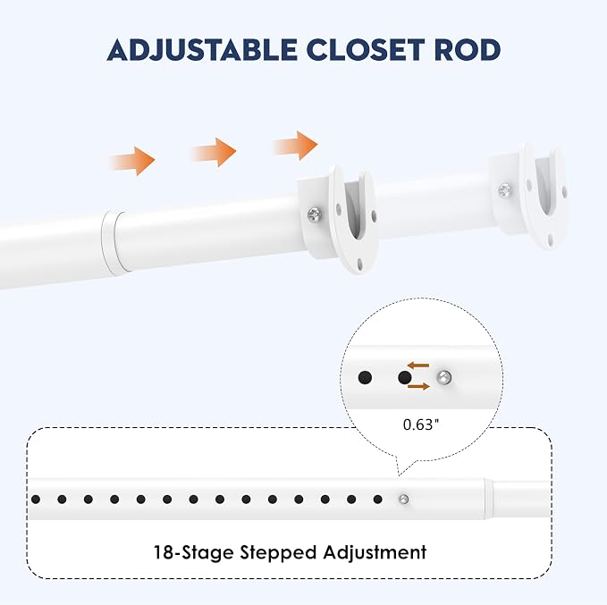 Heavy Duty Closet Rod, Adjustable 17-100 in, 1.3" Diameter | White, Metal, Suitable for Wardrobes, Bathrooms, Laundry Room, RV