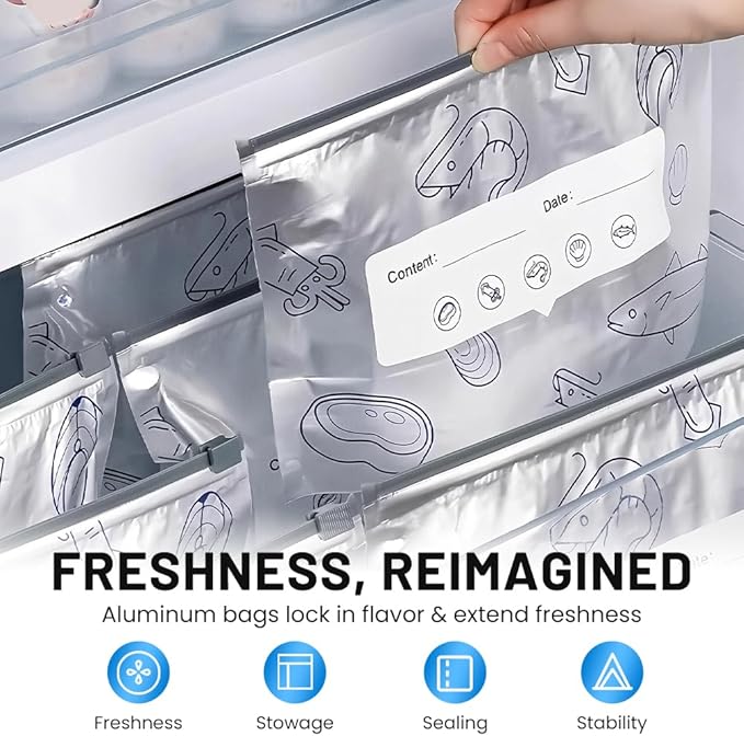 2026 New Reusable Aluminum Foil Sealable Storage Bags, Upgrade Resealable Vacuum Zipper Pouches with Label and Zip Lock, Stand Up Foil Sealable Bags for food, Vegetable and Fruit Meat (20PCS, Large)