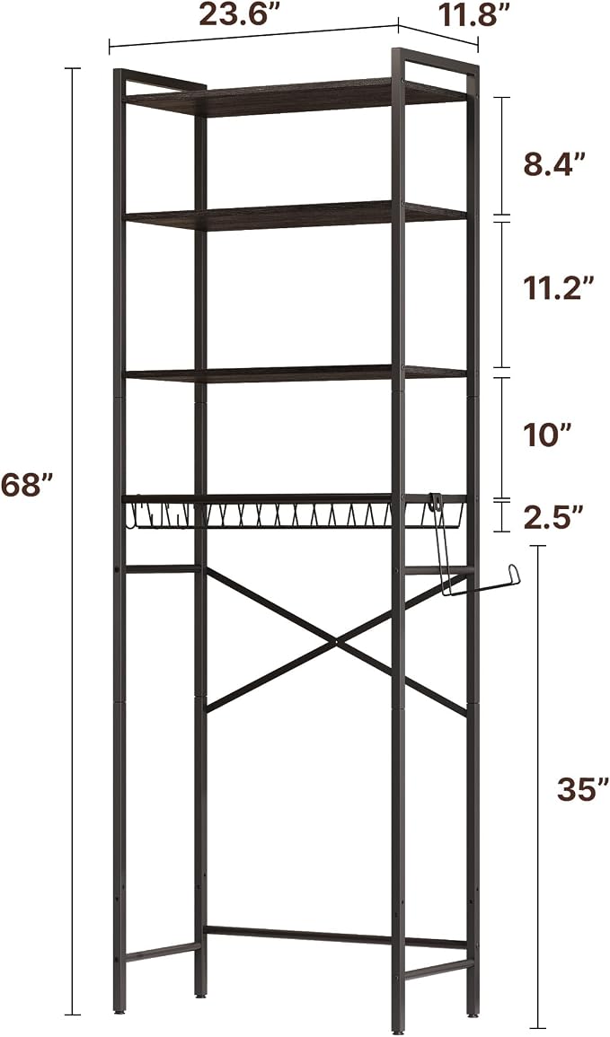 Gizoon Over-The-Toilet Storage Rack with Adjustable Shelf and Basket, 4-Tier Freestanding Space Saver Bathroom Shelves Above Toilet for Room