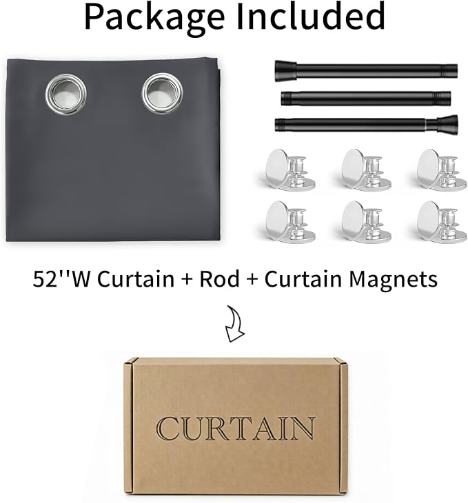 Vatge Magnetic Closet Curtain with Rod - W52 x L82, 1 Panel, Gray | Room Darkening Privacy Curtain for Entrance, Thermal Insulated, Quick Installation