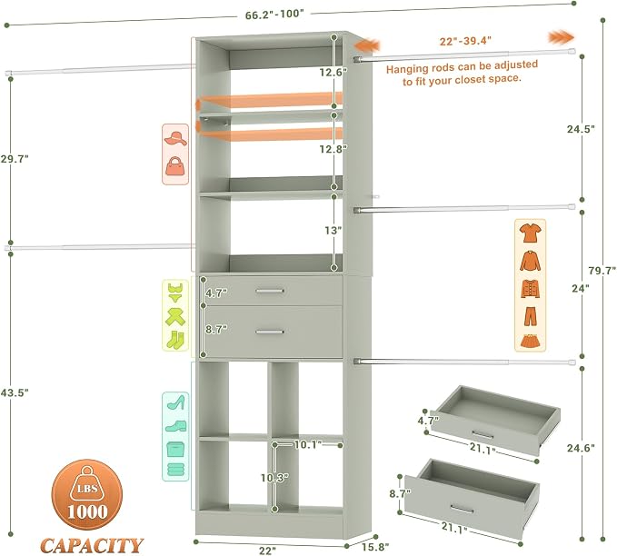 Besiost Closet System, 4-8 FT Closet Organizer Tower with 2 Wooden Drawers and 5 Hanging Rods, Can Fit 60 to 96 inch Walk-in Closet System, Crab Green