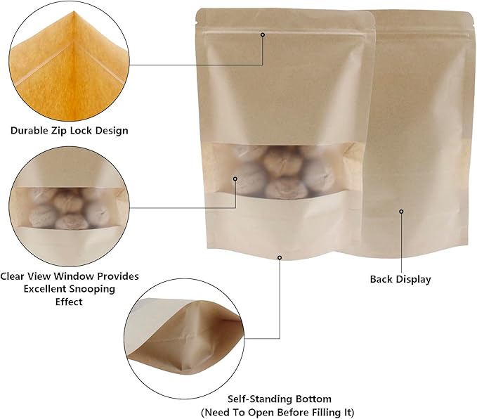Kraft Paper Zipper Pouches,ULIFESTAR Kraft Stand Up Zip Lock Pouch Bags,100PCS Resealable Bag with Transparent Window and Tear Notch Resealable Bag for Small Business HomeUse,5.9"*8.7"(15 * 22cm+4cm)