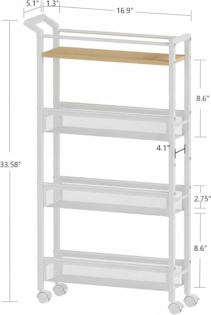 4 Tier Slim Rolling Storage Cart, 5.1 Inch Wide Narrow Storage Cart with Handle, Iron Wood Utility Slide Out Pantry Shelf Organizer for Laundry Room, Bathroom, Kitchen, Small Spaces,White