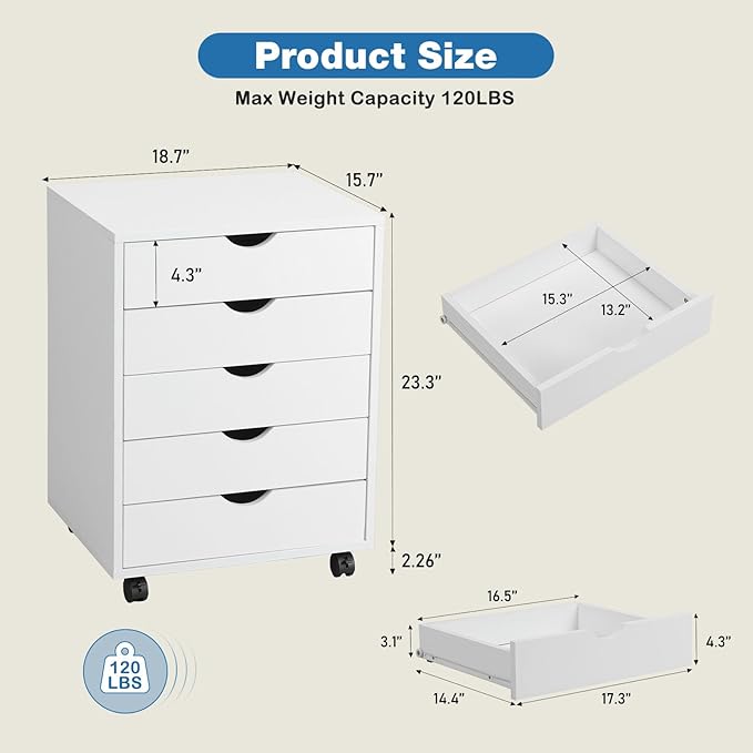 OLIXIS 5 Drawer File Cabinet on Wheels, Printer Stand | Fits Under Desks, Wood Storage Organization Holds Printer, Office Supplies, Not For Hanging Files, For Home Office Use White