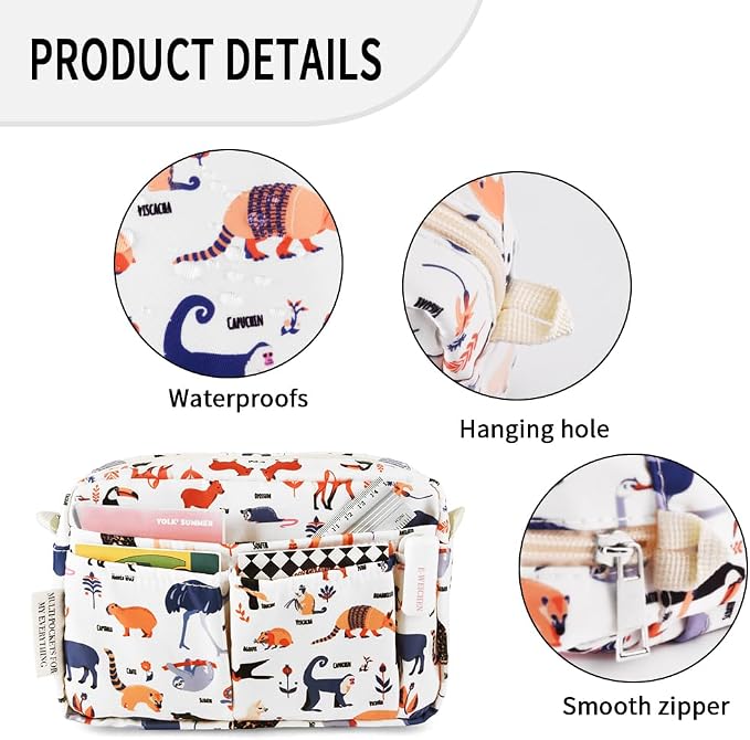 E-WEICHEN Multiple Pockets Portfolio Organizer with Zippered, Makeup Bag Travel Essentials for Women, Simple Waterproof Stationery Pencil Pouch Bag for Journal Office Art Supplies.White Zoo