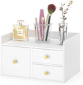 Bamboo Desk Organizer - Stackable, No Assembly Required, Ideal for Office/Home Use - Perfect for Toiletries, Stationery, Accessories. (White, Square drawer to the left of the fence)