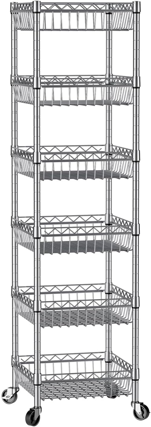 SINGAYE 6 Tier Shelf Wire Shelving Adjustable Storage Shelves Basket Rack | Adjustable Shelves with Wheels Metal Storage Unit Closet Bathroom Organizers Pantry Kitchen Garage Laundry Room Gray