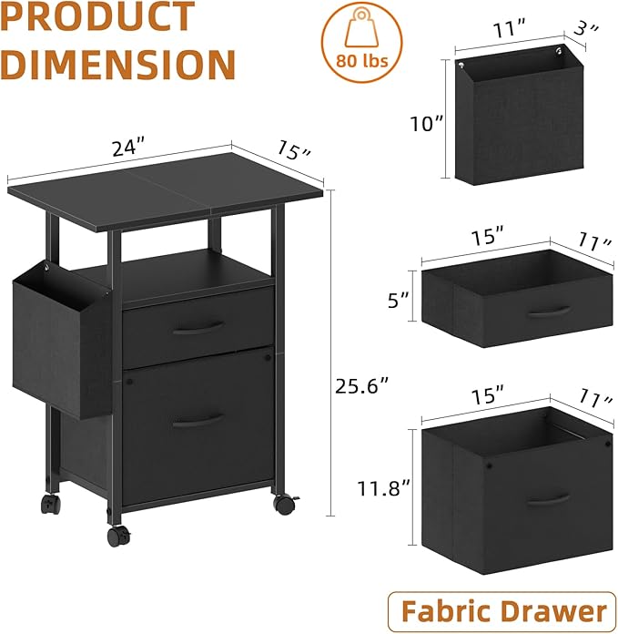 GYIIYUO 2 Drawer File Cabinet with 24'' Extended Desktop, Mobile | Rolling Filing Cabinet, Side Bag, Fits A4/Letter Size, Rolling Printer Stand, Home Office, Fabric Drawer, Black