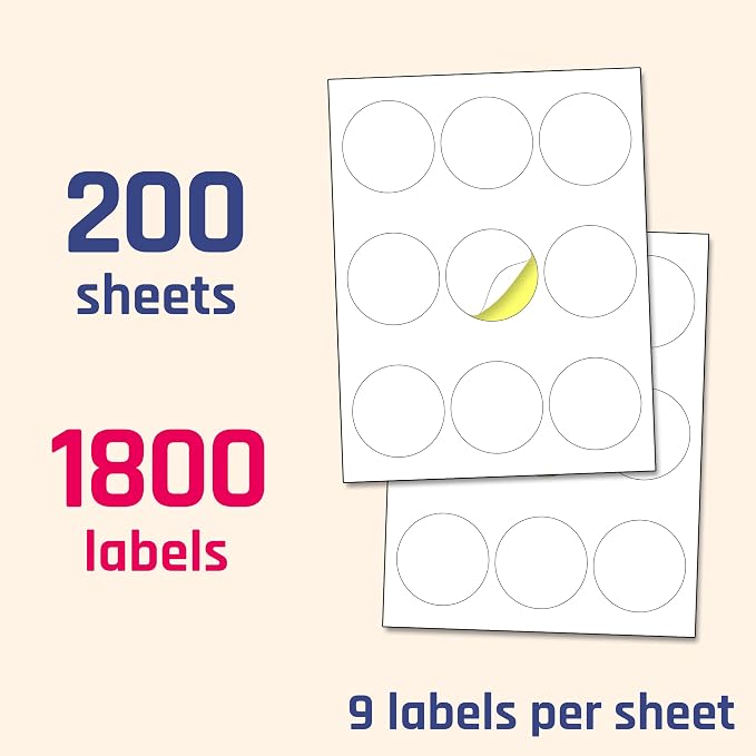 2.5 inch Round Labels Printable Circle Stickers - 8.5" x 11", 200 Sheets | Laser/Inkjet Printing, comes with Print Templates