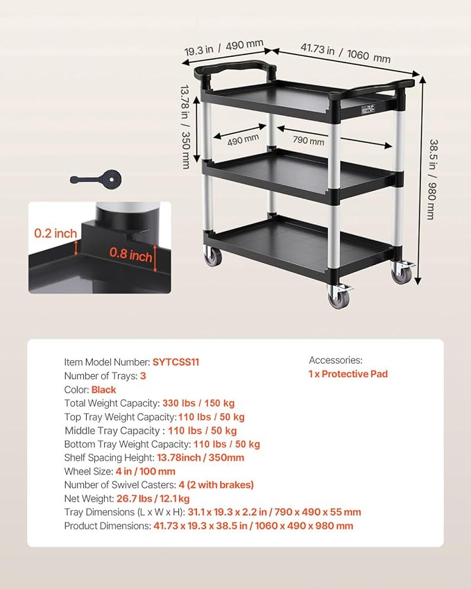 VEVOR Utility Cart, 330 lbs Load Capacity, 3-Tier Utility Plastic Cart with 360° Swivel Wheels (2 with Brakes), 31.1 x 19.3-inch Food Service Cart for Warehouse, Office, Home, Restaurant, Kitchen