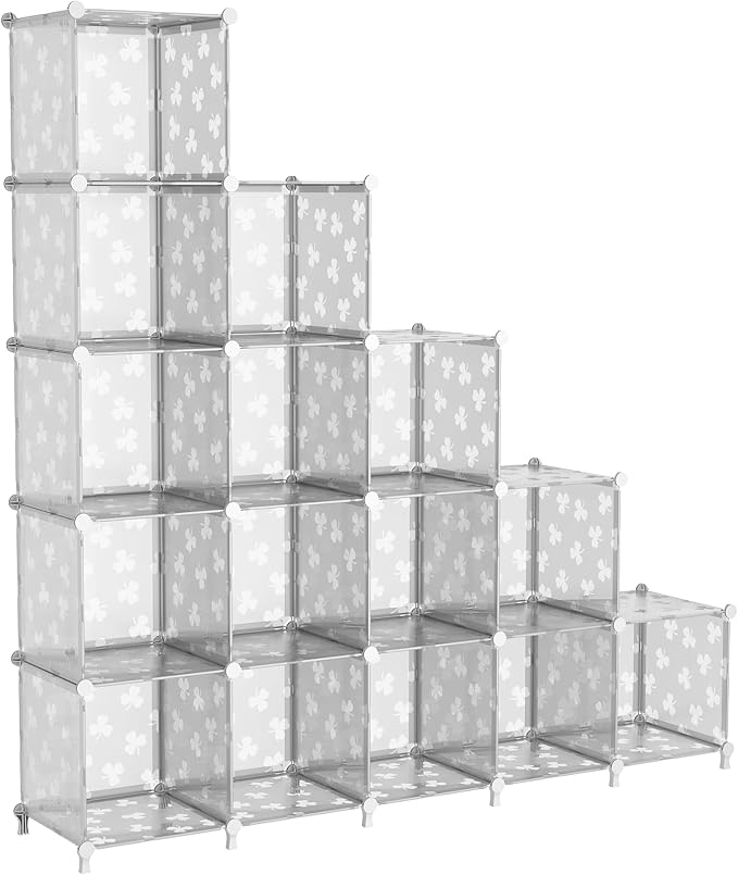 UNKU Cube Storage Organizer, 16 Cube Closet Organizer Storage Shelves, DIY Stackable Bookcase, Clothes Organizer Shelf for Closet, Bedroom, Living Room, Cabinet, Home, Office, Translucent
