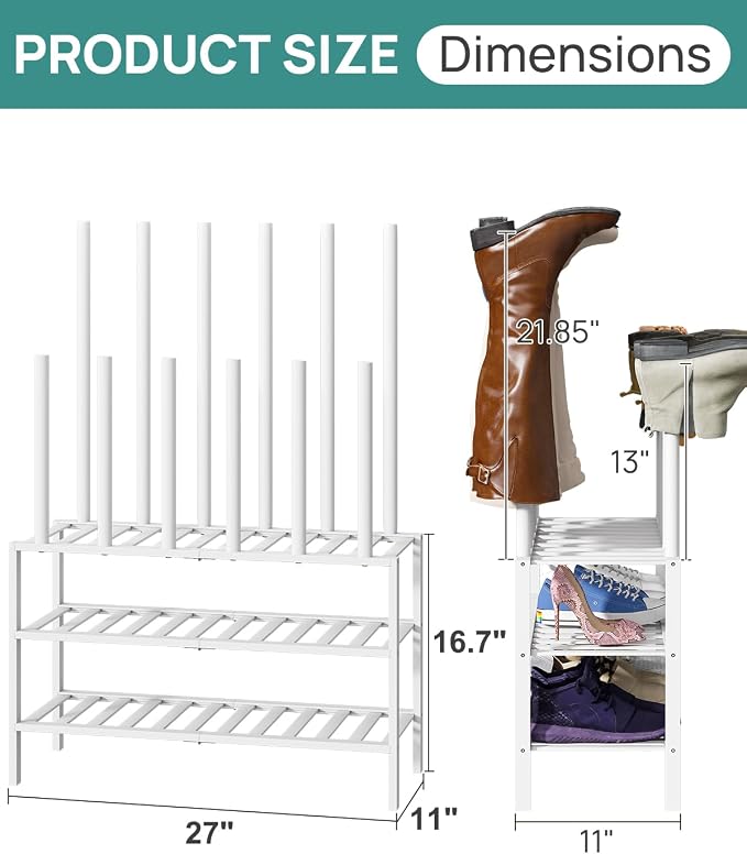 viewcare White Boot Rack, Boot Rack Organizer Tall Boots with Shoe Rack for Closet, Bamboo Wood Shoe Shelf Storage Organizer for Entryway