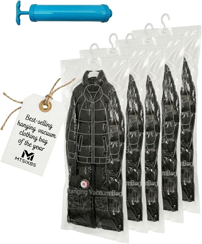 5 Pack Hanging Vacuum Storage Bags, Sealer Bags for Clothing Compression Suits and Jackets Travel and Home Organization Reusable Space Saver Three Sizes Large Medium and Small