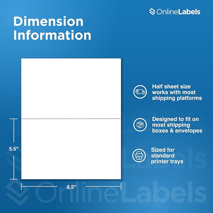 8.5 x 5.5 Half-Sheet Shipping Labels - Permanent, White Matte - for FBA, FedEx, UPS - Pack of 200 Labels, 100 Sheets - Inkjet/Laser Printers - Online Labels
