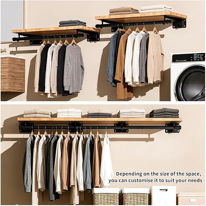 Heavy Duty Closet Rod Bracket with Closet Rod（11-47in Support 200lbs | L-Shaped Wall Mount Closet Shelf Brackets with Adjustable Hanging Rods Hanging Kit for Laundry Wardrobe Bathroom Kitchen