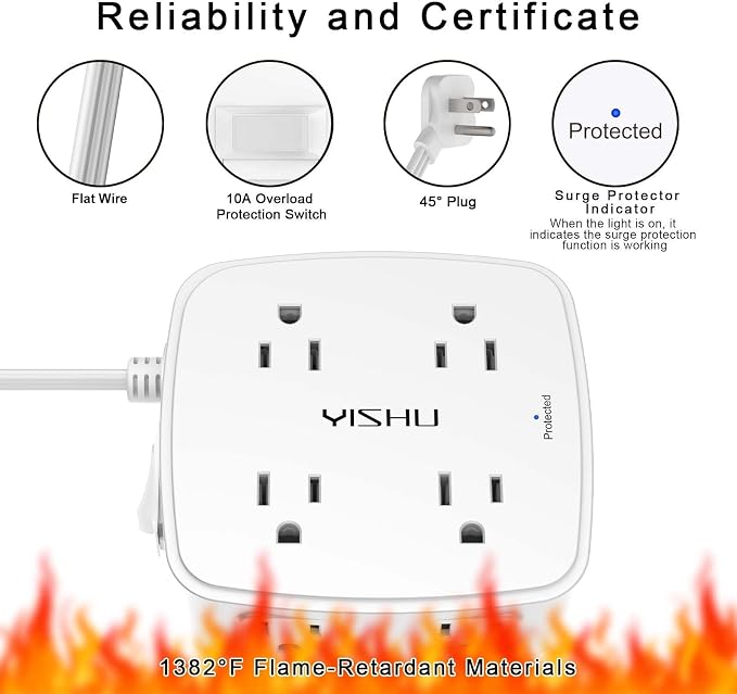 10 Ft Surge Protector Power Strip - YISHU 8 Widely Outlets with 4 USB Ports, 3 Side Outlet Extender with 10 Feet Flat Extension Cord, Ultra Flat Plug, Wall Mount, Desk USB Charging Station, ETL, White