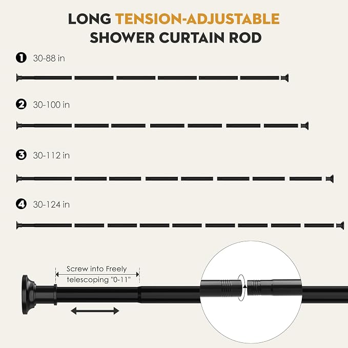 Tension Shower Curtain Rods 1.1" Diameter Black Long Curtain Rod 30 to 100 inch Adjustable Spring Heavy Duty Rods for Bathroom Windows Outdoor No Drill No Slip Stainless Steel