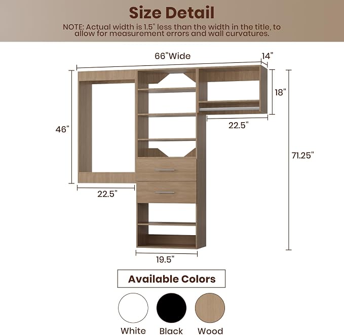 ROOMTEC Modular Closet System, 66" Wall Mounted Modern Closet Organizer with Hanging Rods and Drawers, Wooden Tower for Walk-In Closets, Wardrobe Storage Kit, Wood