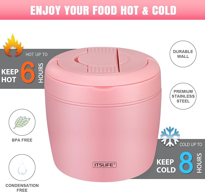 Itslife 32oz Insulated Soup Thermo, Vacuum Stainless Steel Food Jar for Hot & Cold Food, Leakproof Wide Mouth Lunch Container with Spoon (Light Pink)