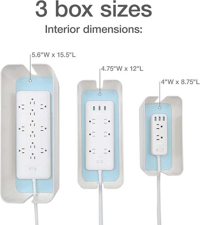 Oxford Cable Management Boxes, 3 Pack, Small, Medium, Large, 15 Cable Ties (Hook & Loop, Silicone,Twist Ties), Power Strip Organizer, White (27800) | Three sizes small medium large, Hides power strips and cords, Heat-resistant ABS with lids, Includes 1...