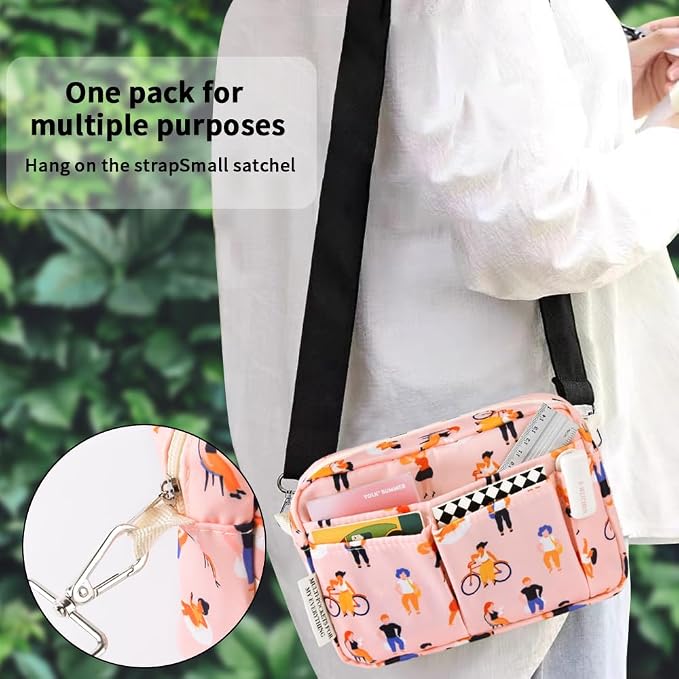 E-WEICHEN Multiple Pockets Portfolio Organizer with Zippered, Makeup Bag Travel Essentials for Women, Simple Waterproof Stationery Pencil Pouch Bag for Journal Office Art Supplies.Pink People