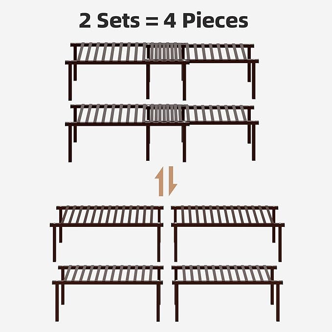 STORAGE MANIAC Expandable Cabinet Organizer Shelf, Set of 4, Brown | 15.8 inches Expandable, Stackable Wire Shelf, Spice Rack, Metal Pantry Storage for Plate Dish, Kitchen Counter Shelves