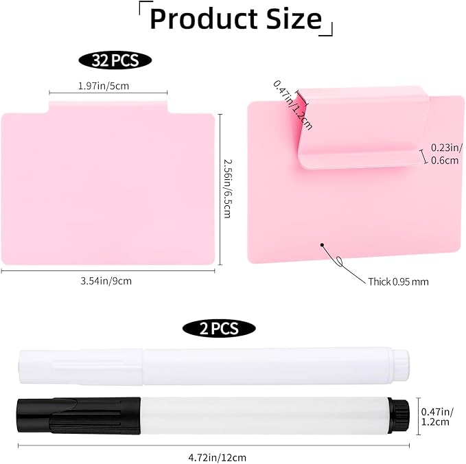 34 Pcs Basket Labels Clip on Set, Include 32 Kitchen Clip Label Holder Removable Storage Bin Labels with 2 Black Marker for Storage Bins Organization Box (Pink)