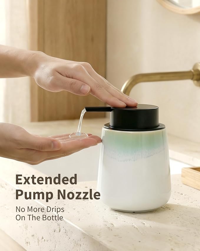 Bosilunlife 12Oz Ceramic Foam Soap Dispenser for Bathroom Kitchen Counter | Premium countertop foam pump creates delicate dense foam, stable desktop placement, Blue-Green Rim