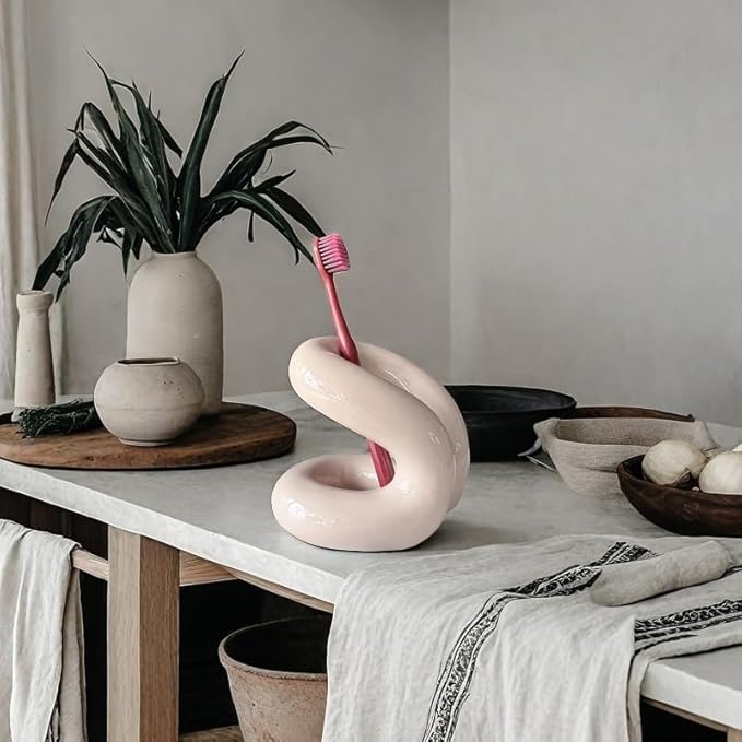 Handmade Ceramic Holder Stand for Toothbrushes, Makeup Brushes, and Pens - Minimalist Design for Bathroom Vanity and Countertops Decor (Milky Brown)
