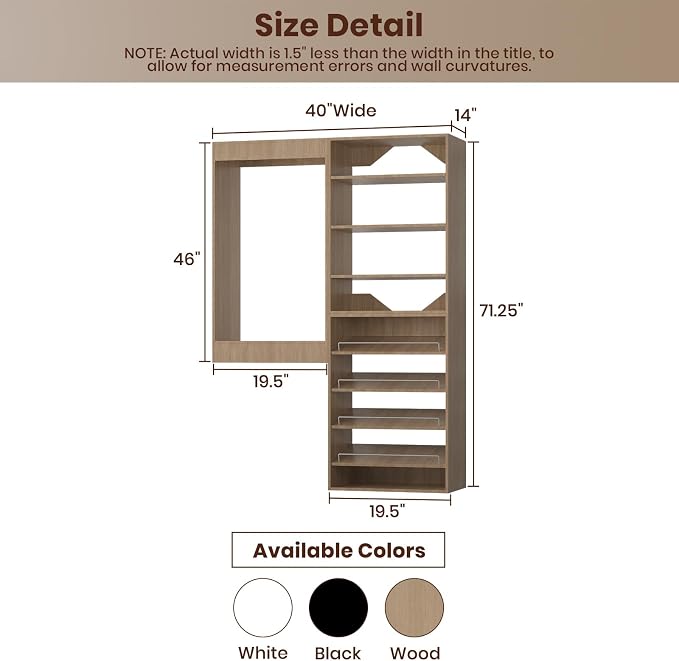 ROOMTEC Modular Closet System, 40" Wall Mounted Closet Organizer with Hanging Rods and Shoe Shelf, Wooden Tower for Walk-In Closets, Wardrobe Storage Kit, Wood